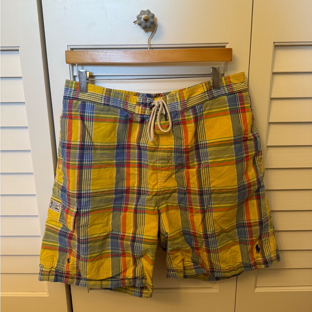 Polo by Ralph Lauren Men's Yellow and Blue Plaid Swim Trunks